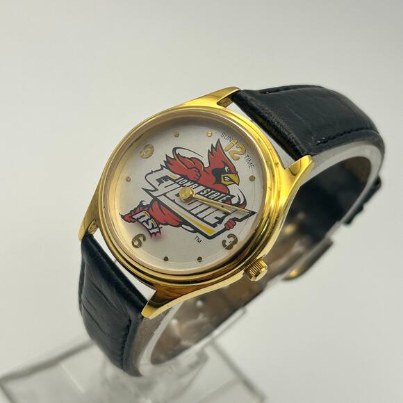 ISU Gold Tone Black Leather Women’s Watch Working New Battery - Picture 2 of 8